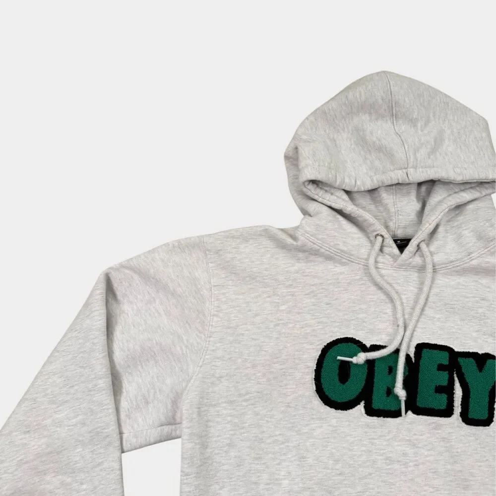 OBEY Worldwide Hoodie Mens Medium Heather Grey Green Chenille Patch Logo